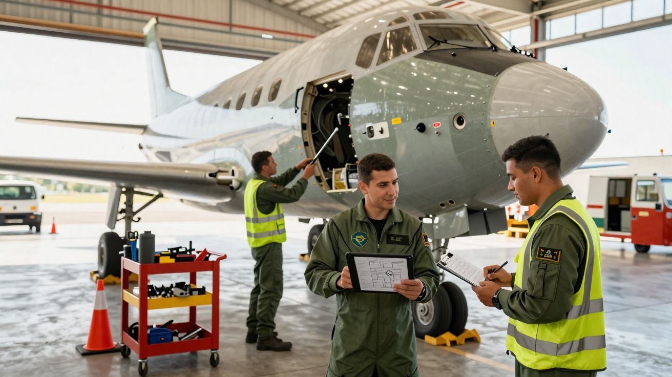 Técnicos de manutenção inspecionam e verificam checklist em avião em hangar iluminado.