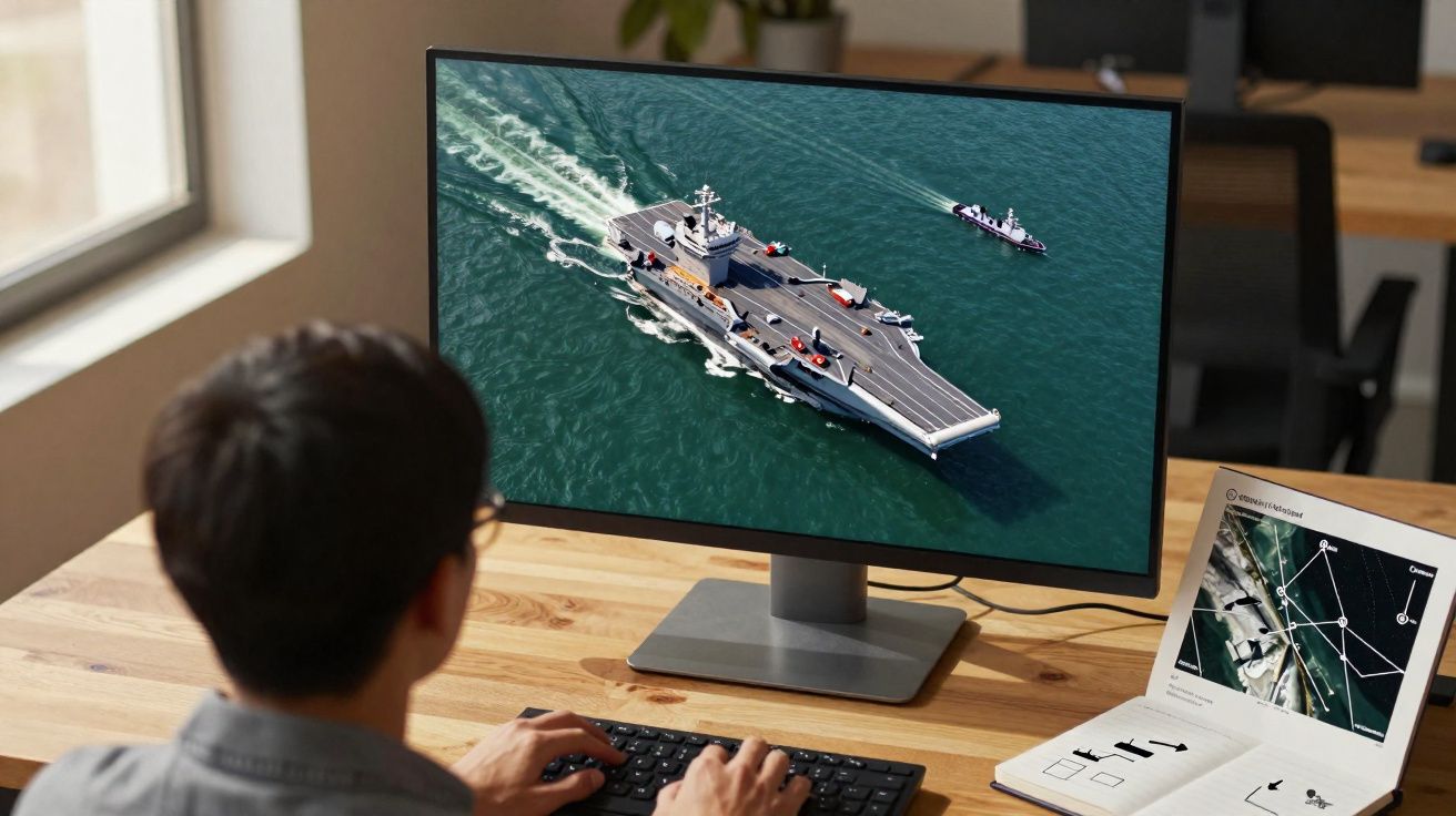 Pessoa usando computador com imagem de porta-aviões no monitor e documentos na mesa de madeira.