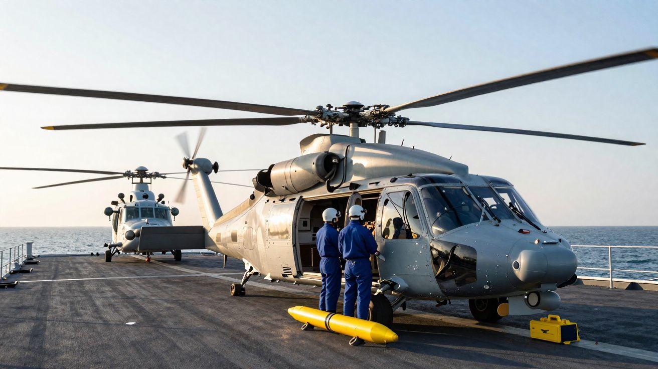 Dois tripulantes em traje azul próximos a helicópteros militares em convés de navio no mar.