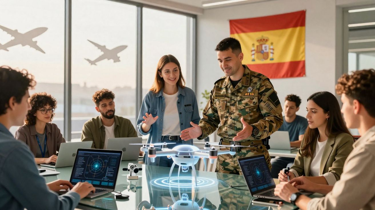 Militar espanhol apresentando drone holográfico para jovens em sala com laptops e bandeira da Espanha.