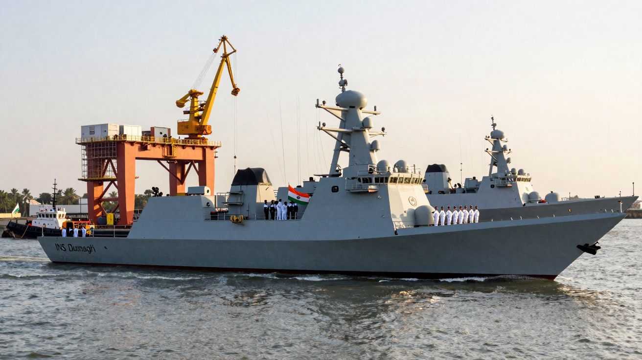 Navio de guerra da Marinha indiana com tripulação em fila na água próxima a um estaleiro.