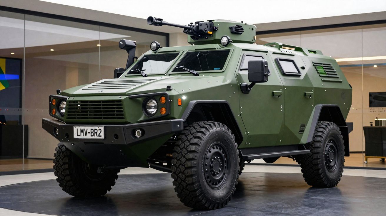 Veículo blindado militar verde em exposição com arma montada no teto e placa LMV-BR2.