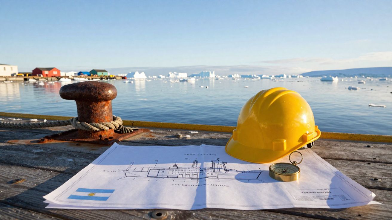 Plano arquitetônico, capacete amarelo e bússola sobre deck com fundo de gelo e casas coloridas à beira-mar.