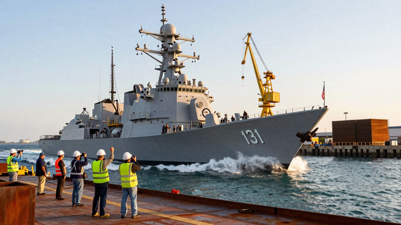 Navio militar cinza 131 chegando ao porto com tripulação acenando para trabalhadores com coletes e capacetes.