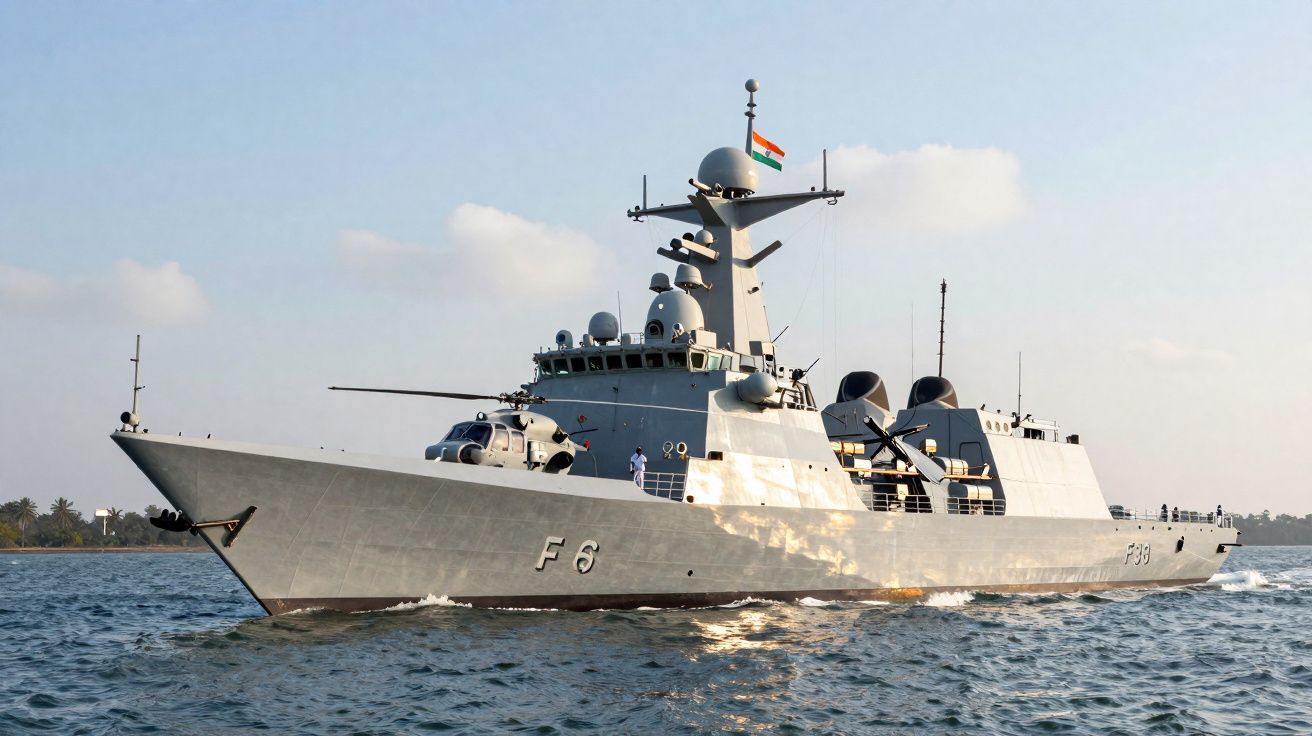 Fragata de guerra cinza F 6 navegando com bandeira da Índia hasteada em mar calmo.