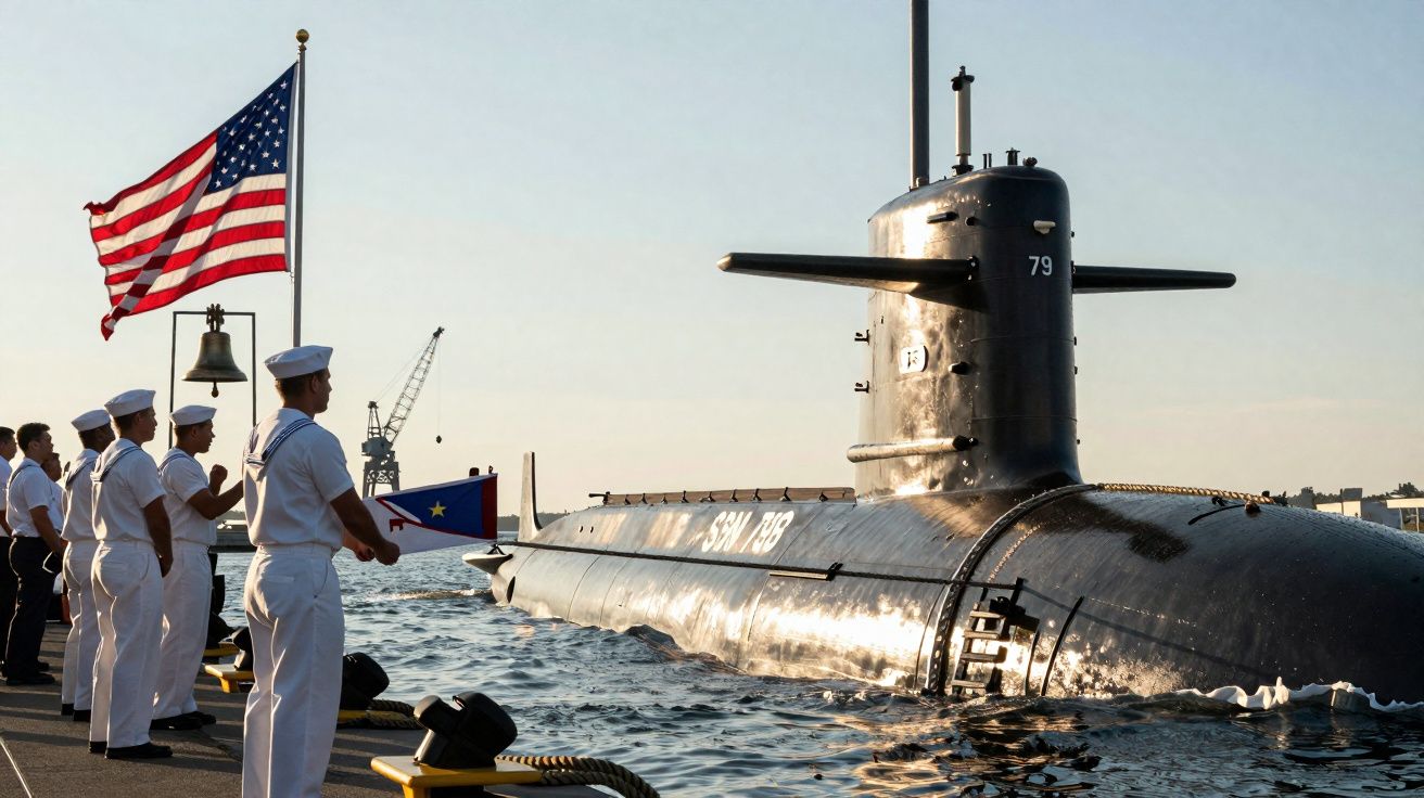 Marinheiros em uniforme branco reverenciam submarino negro SSN 789 atracado ao cais com bandeira dos EUA ao fundo.