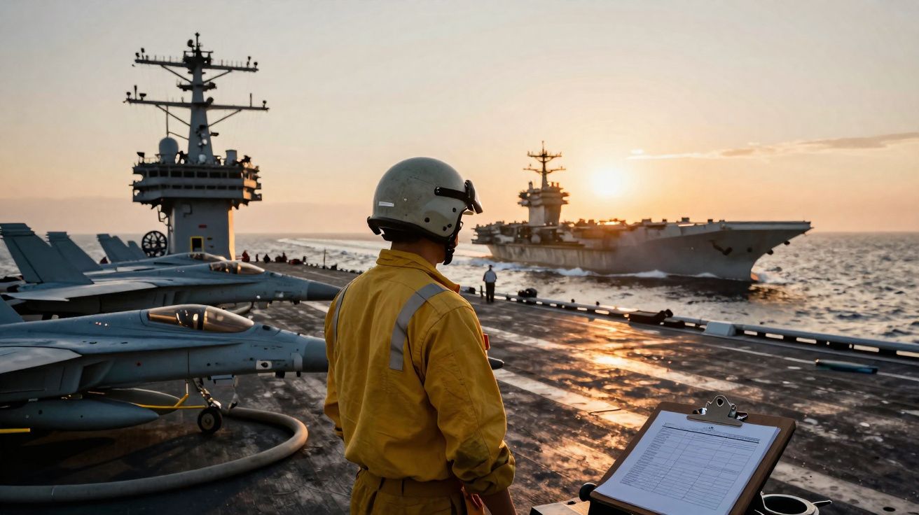 Militar de capacete e roupa amarela observa porta-aviões ao pôr do sol com caças na pista.