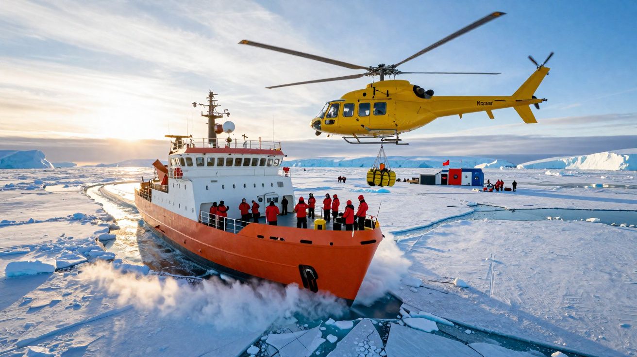 Navio quebra-gelo laranja com pessoa vestindo casacos vermelhos e helicóptero amarelo voando sobre gelo na Antártida.