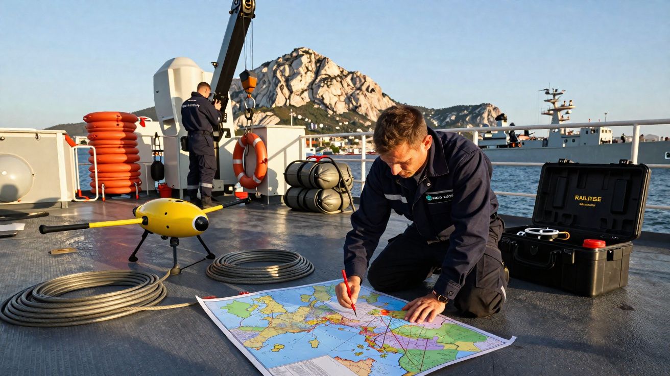 Homem em uniforme militar analisa mapa no convés de navio com equipamento e mar ao fundo.