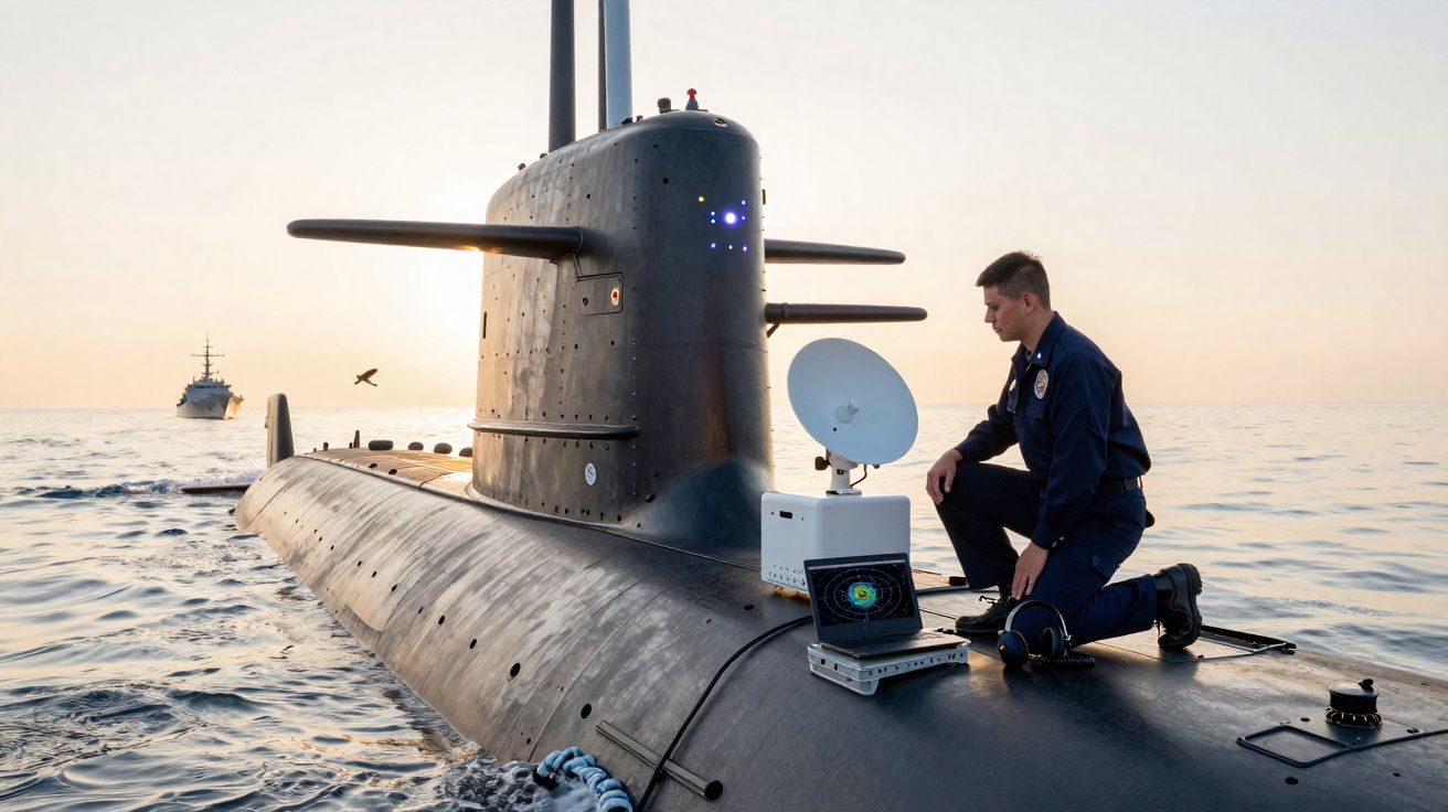 Homem uniformizado junto a equipamento eletrônico sobre submarino no mar ao nascer do sol.