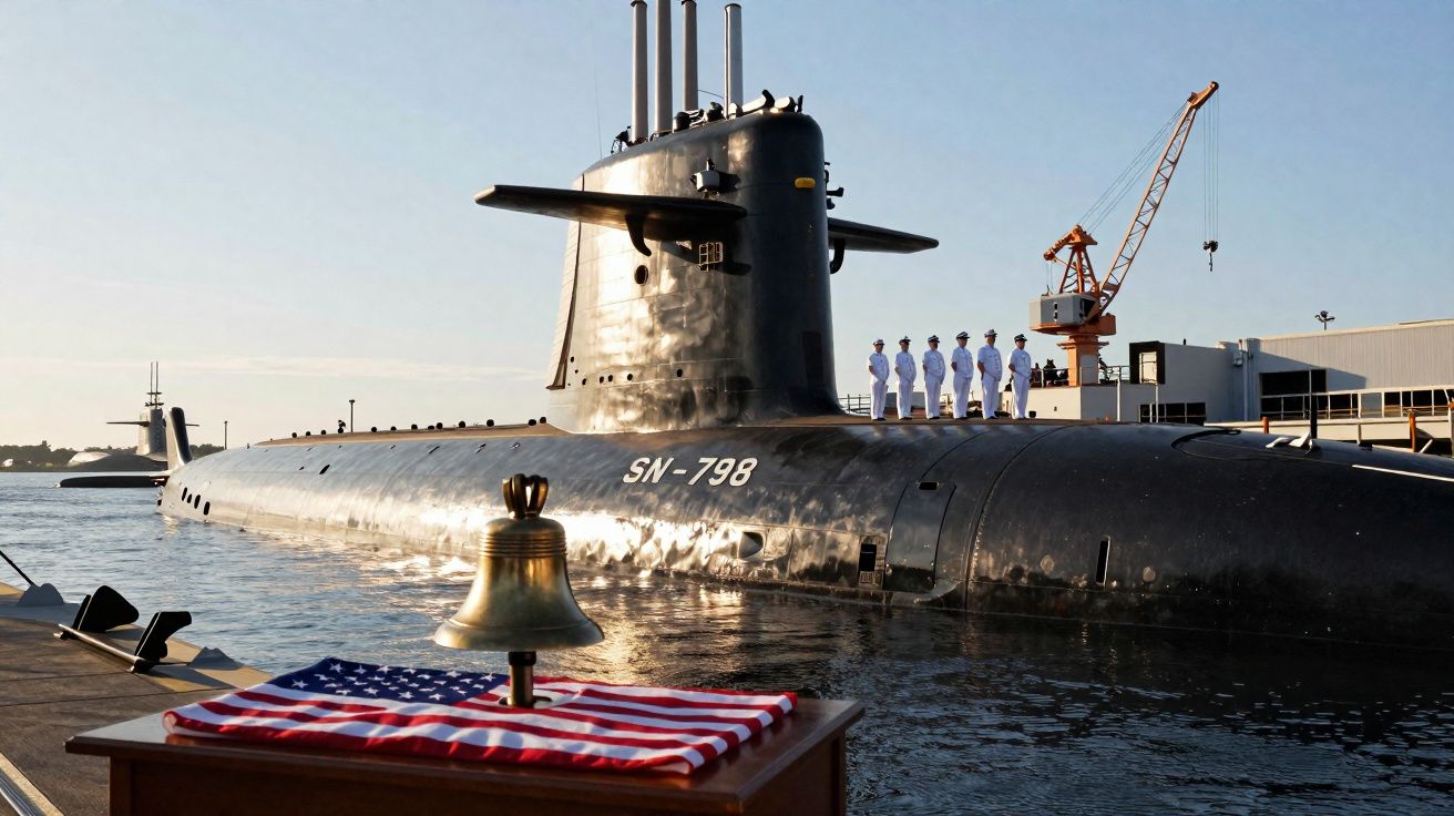 Submarino militar preto ancorado com tripulação em pé e bandeira dos EUA sobre mesa com sino à beira-mar.
