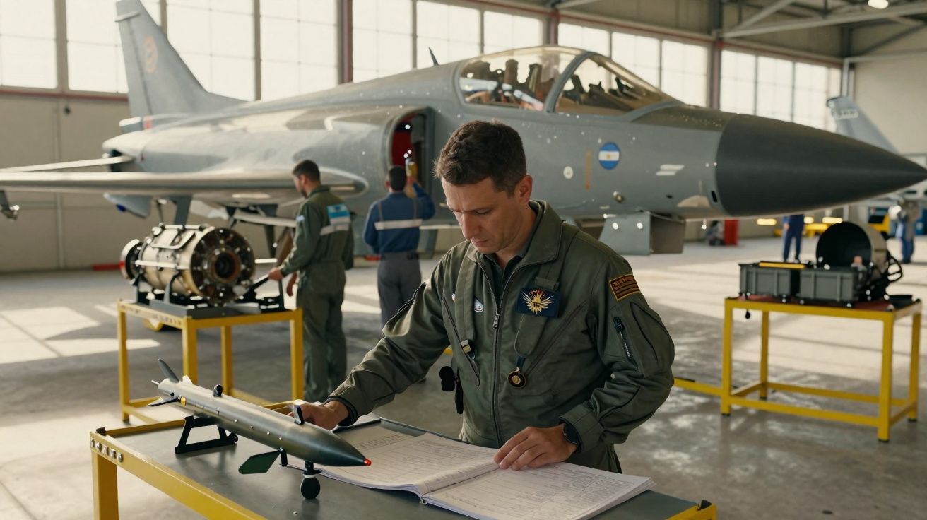 Soldado em uniforme militar analisa livro técnico com jato de combate parado em hangar ao fundo.