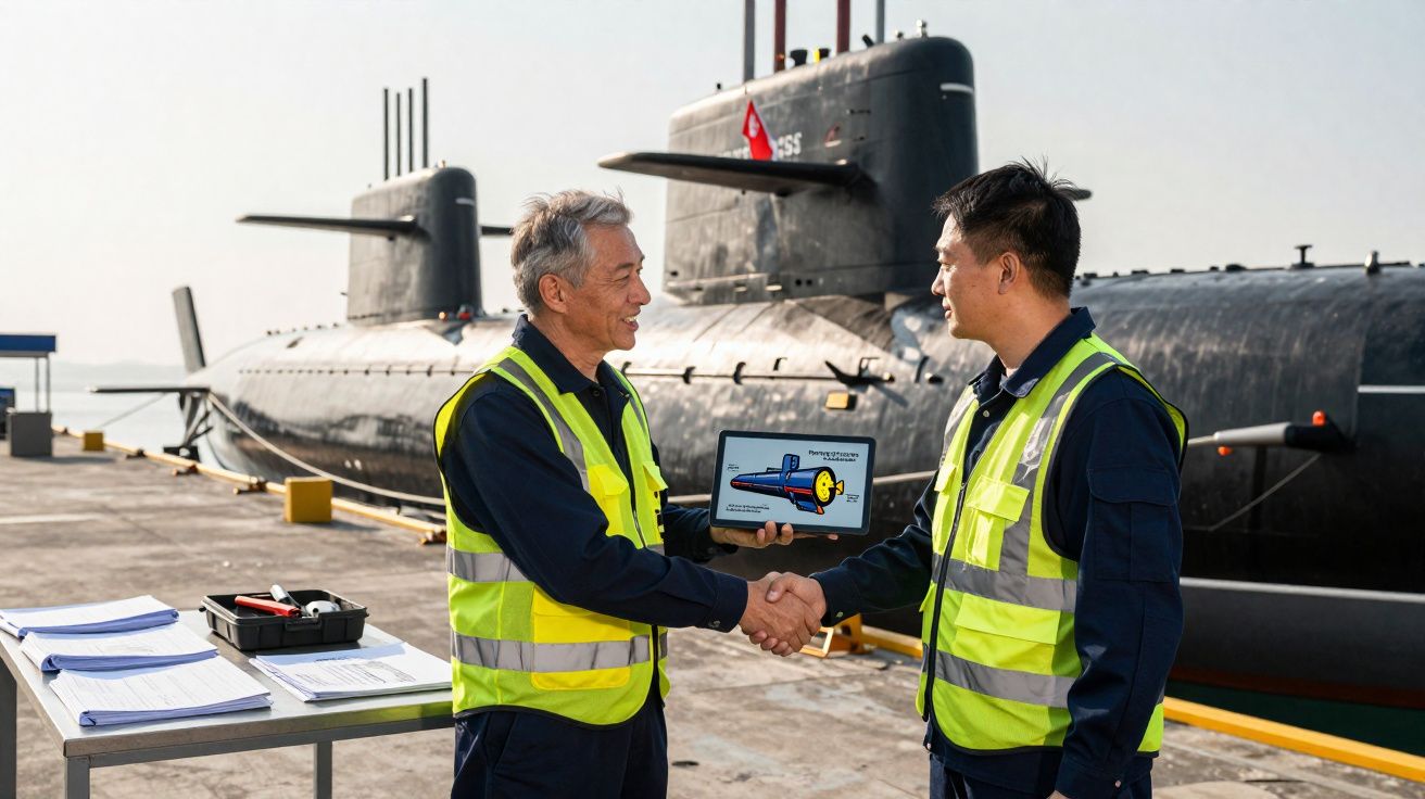 Dois técnicos militares em coletes reflexivos se cumprimentam ao lado de um submarino atracado.