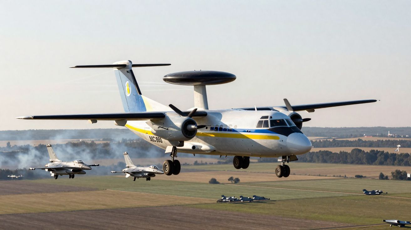 Avião de alerta aéreo precoce voando baixo, acompanhado por caças em formação sobre campo aberto.
