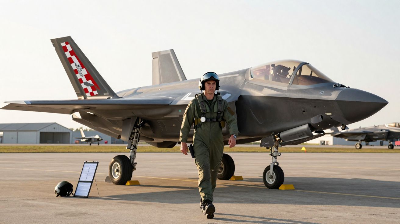 Piloto militar caminhando em frente a caça F-35 estacionado em pista de aeroporto durante o dia.