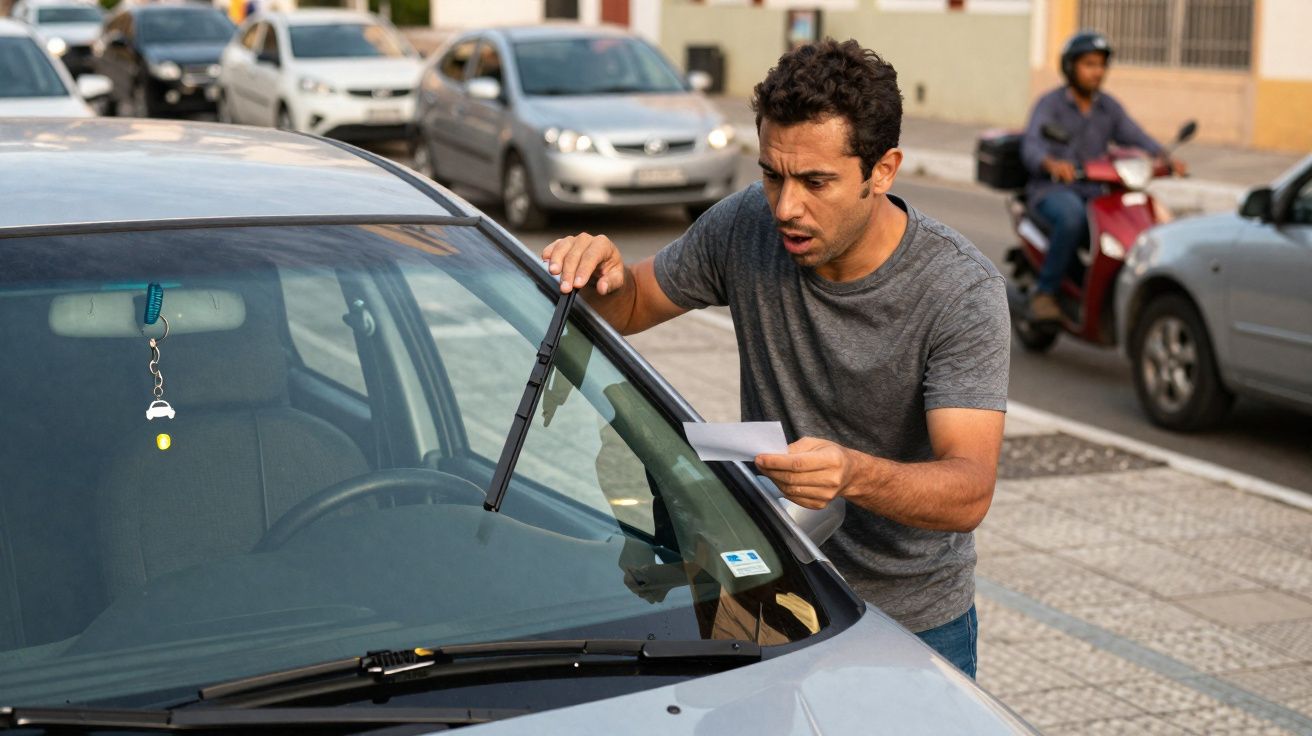 Homem de camiseta cinza lendo uma multa deixada no para-brisa de um carro estacionado na rua.
