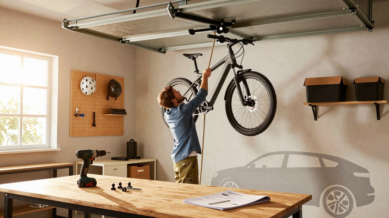 Homem guardando bicicleta pendurada no teto da garagem organizada com ferramentas e prateleiras.