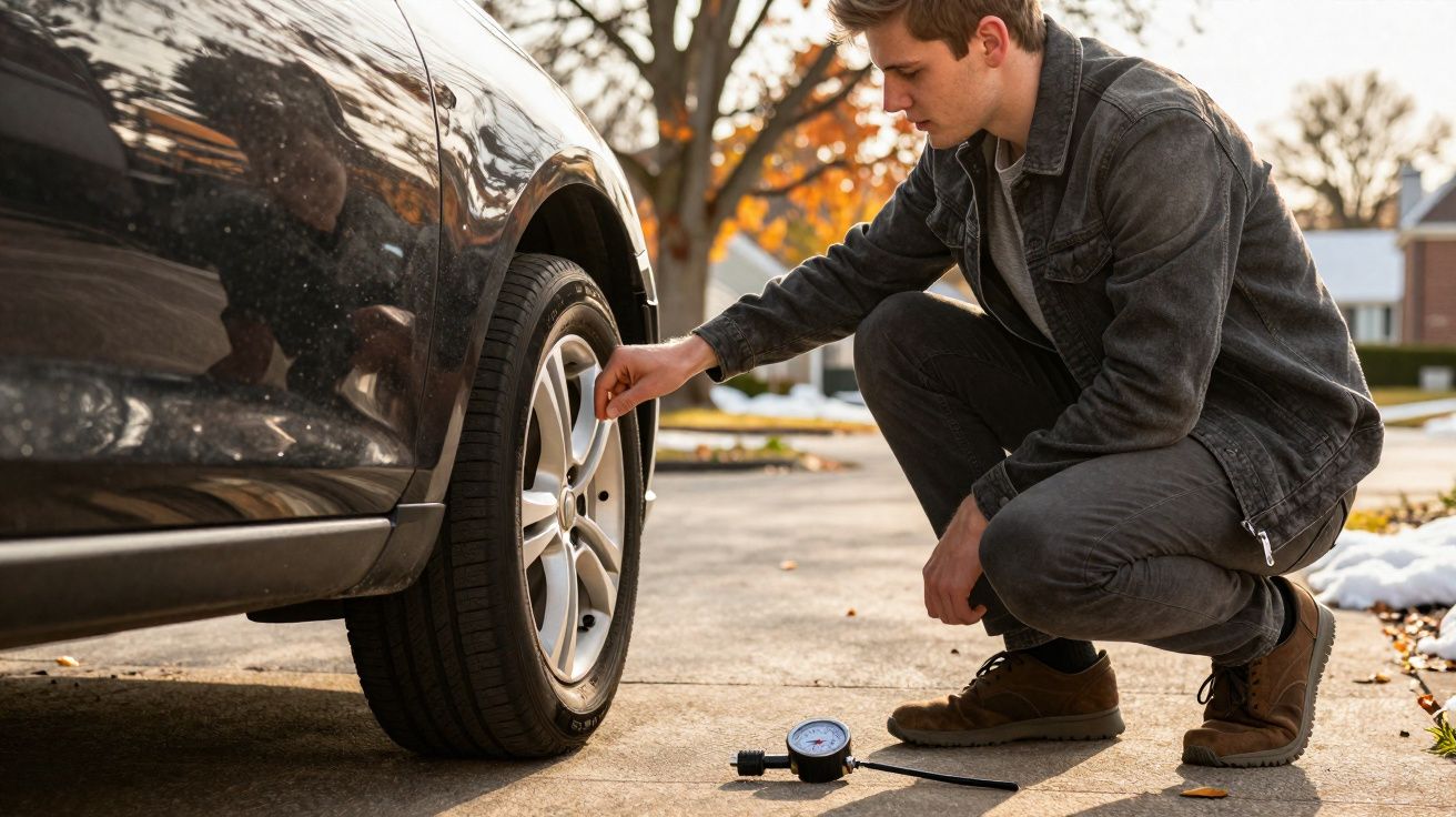 Homem agachado conferindo a pressão do pneu de carro preto em rua residencial ensolarada.