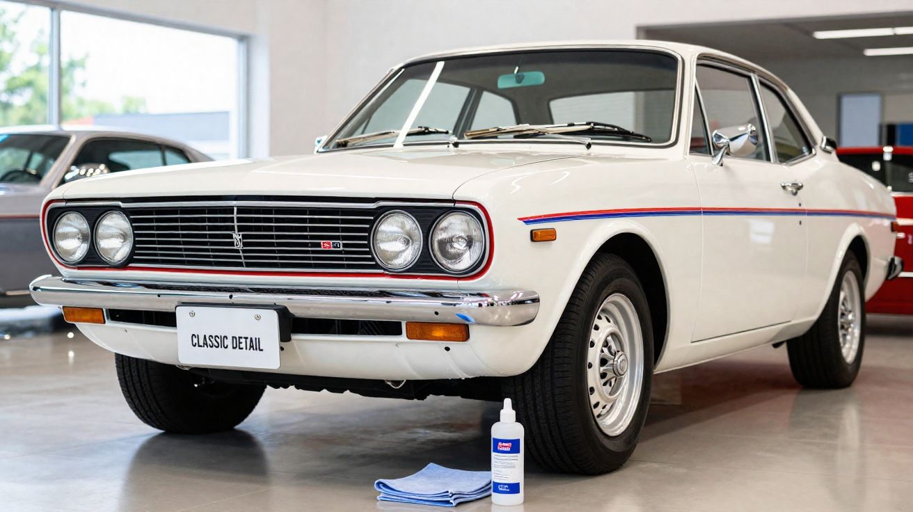 Carro clássico branco estacionado em garagem com produto e pano para polimento no chão.