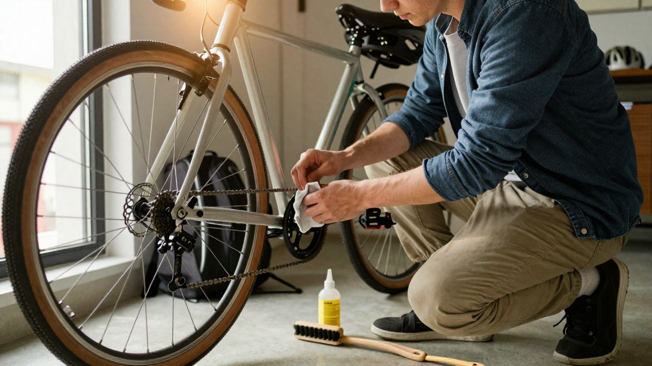 Homem agachado limpando a corrente de uma bicicleta em ambiente interno com pincel e lubrificante no chão.