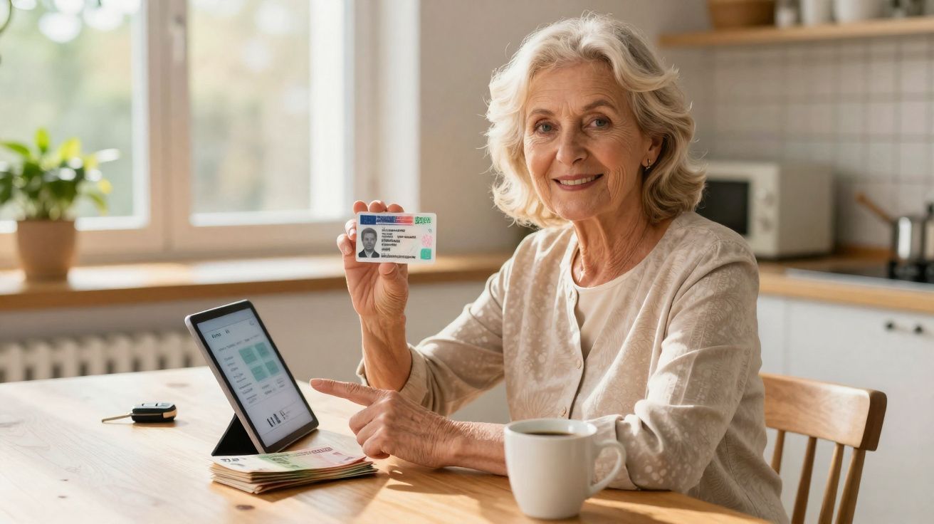 Mulher idosa sorrindo sentada à mesa, mostrando documento de identidade e apontando para tablet.