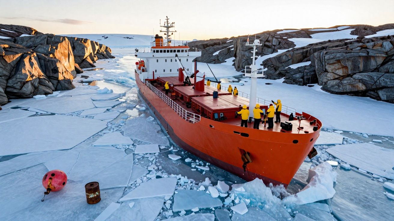 Navio vermelho navegando entre gelo e pedras com tripulantes de amarelo no convés.