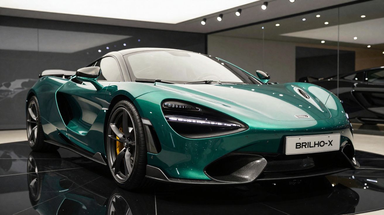 Carro esportivo verde metálico com design aerodinâmico exibido em showroom moderno e iluminado.