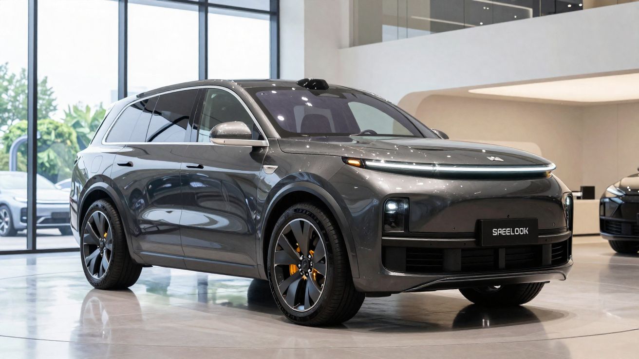 Carro elétrico cinza escuro em showroom moderno com teto solar e rodas grandes, modelo Saelook.