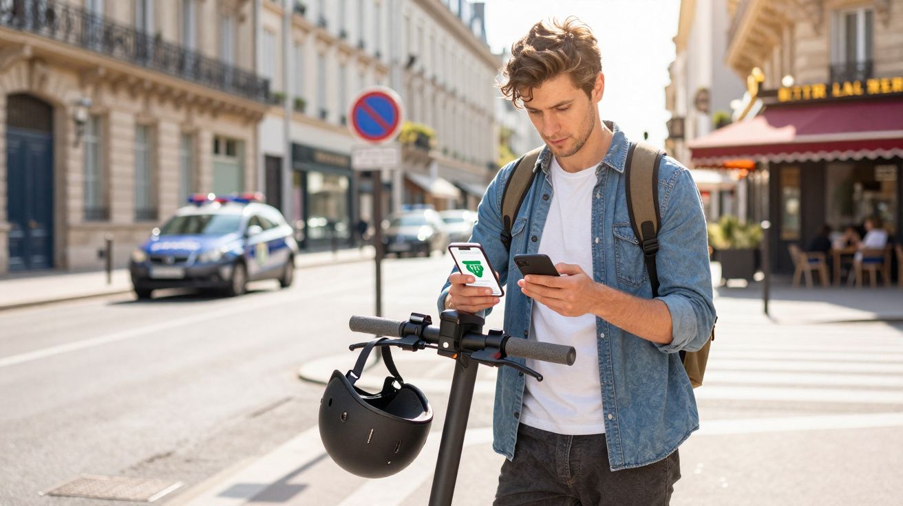 Homem jovem com mochila confere celular e aplicativo de patinete elétrico em rua urbana ensolarada.