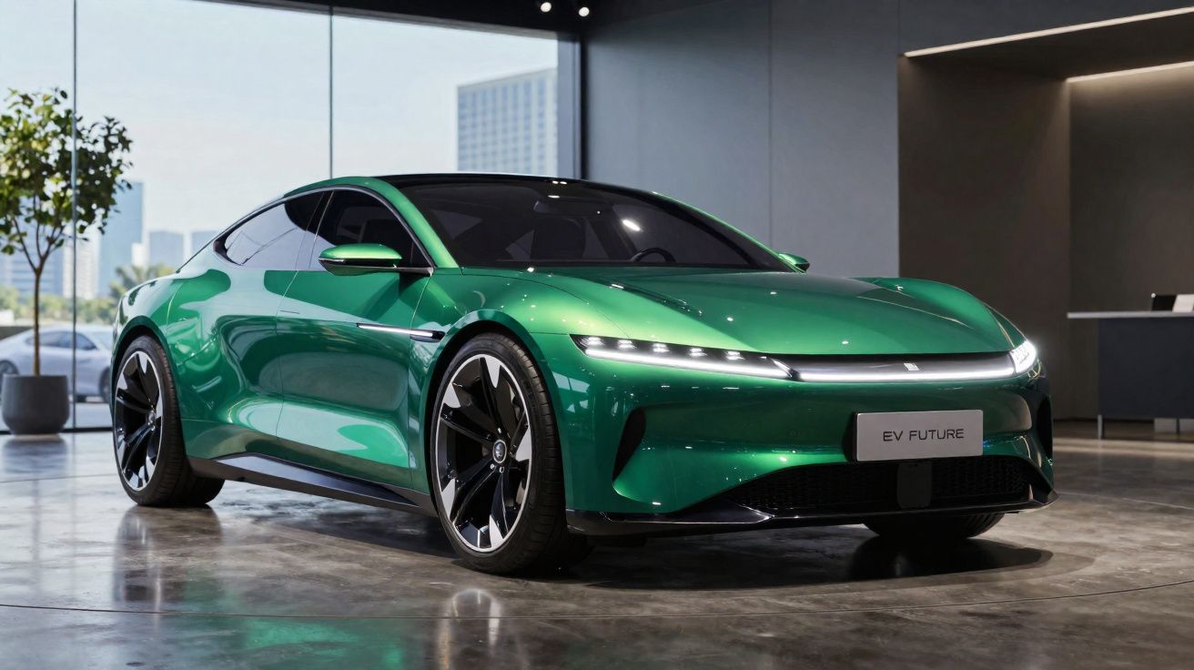 Carro elétrico verde brilhante estacionado em showroom moderno com piso de concreto polido.