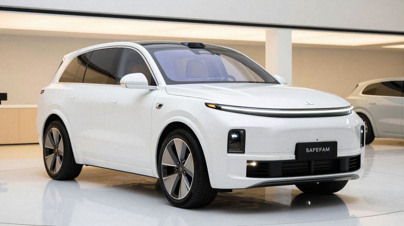 Carro elétrico SUV branco Safefam exibido em ambiente interno moderno e iluminado.