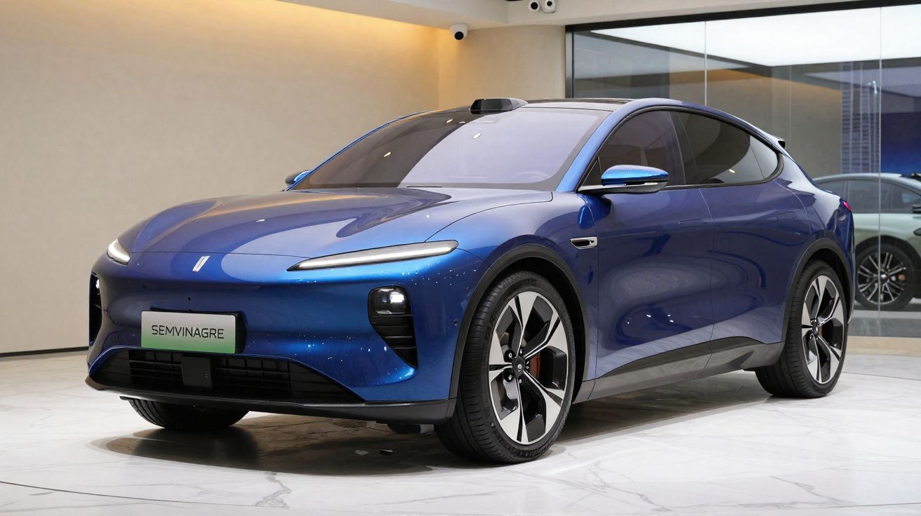 Carro elétrico azul estacionado em ambiente interno com design moderno e aerodinâmico.