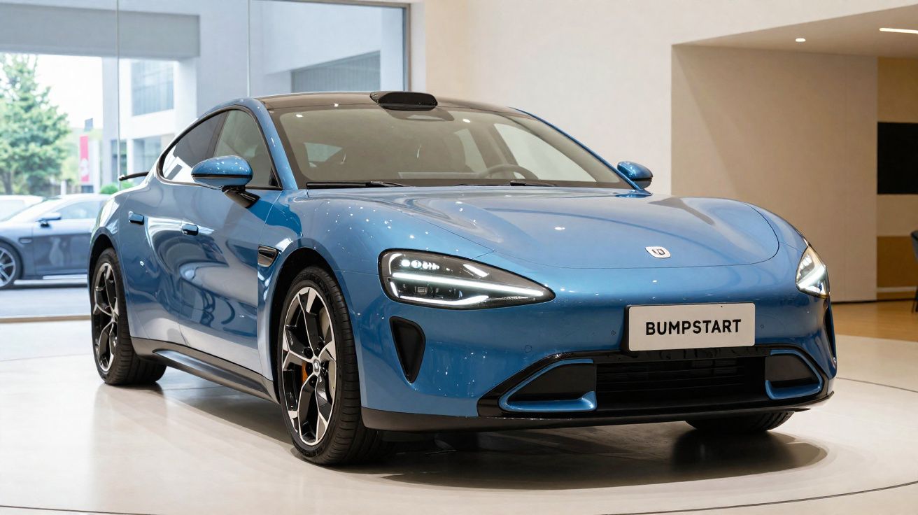 Carro elétrico azul exposto em showroom com luzes dianteiras acesas e placa escrita BUMPSTART.