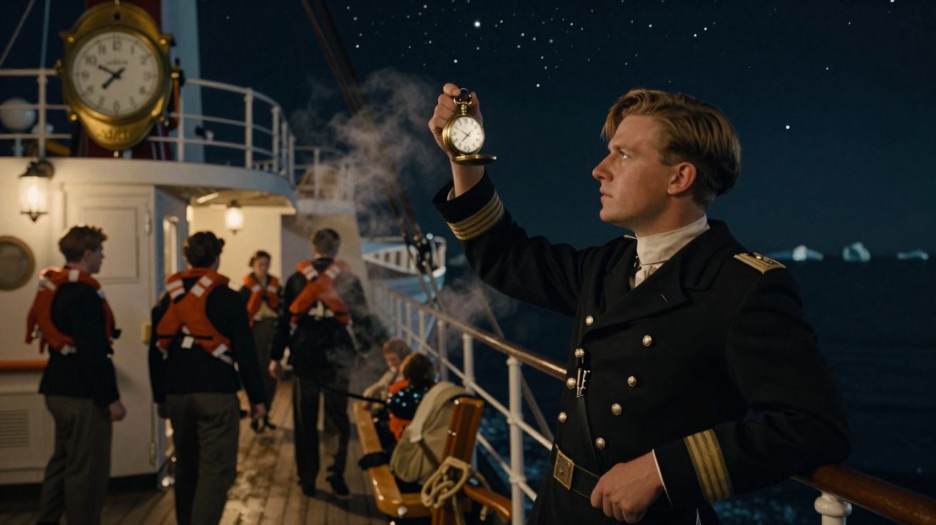 Homem fardado segura relógio de bolso no convés de navio à noite, com passageiros ao fundo e icebergues distantes.