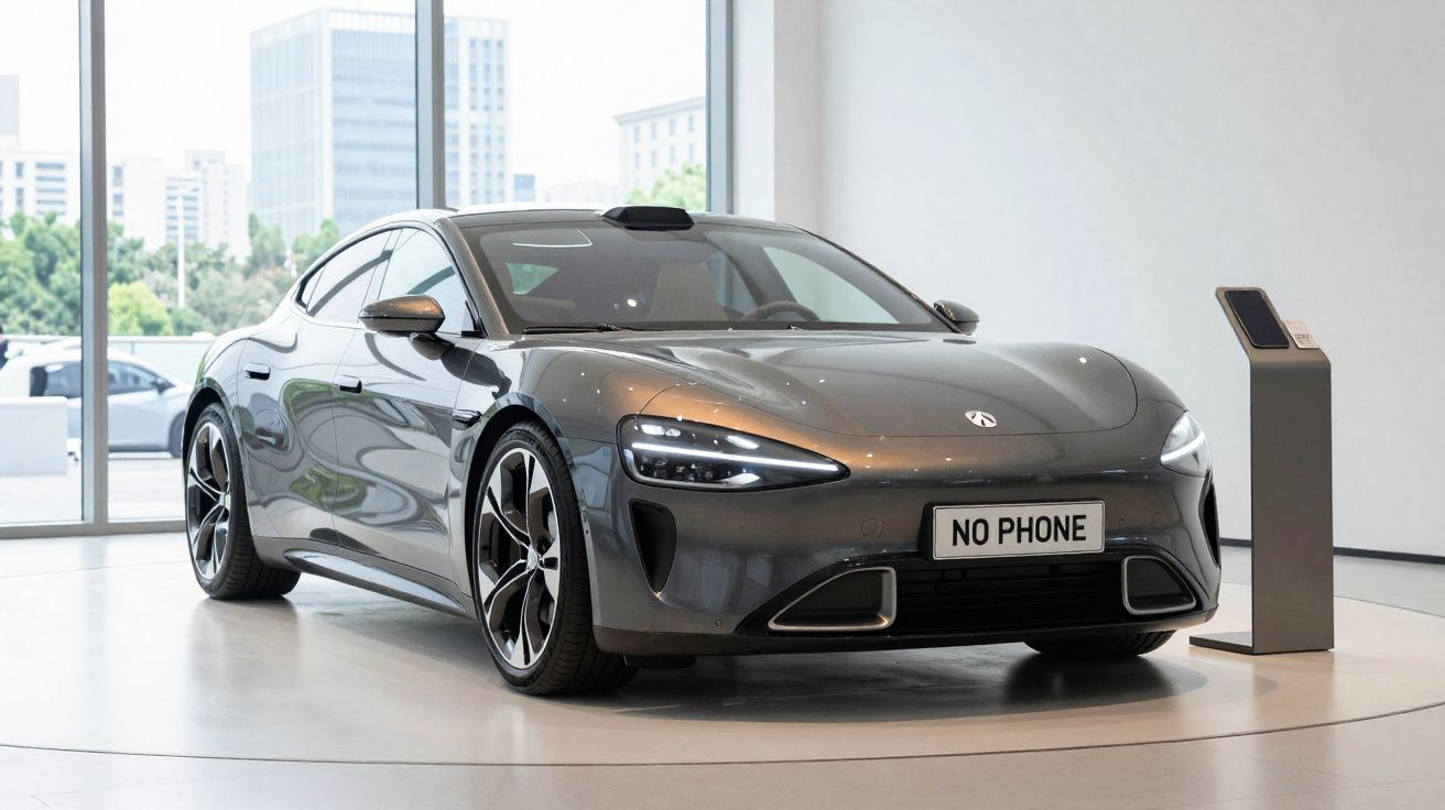 Carro esportivo cinza escuro estacionado em exposição com placa personalizada "NO PHONE" em ambiente moderno.