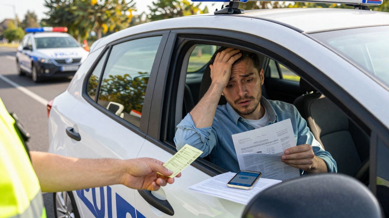 Homem dentro de carro da polícia olhando preocupado para documentos entregues por policial.