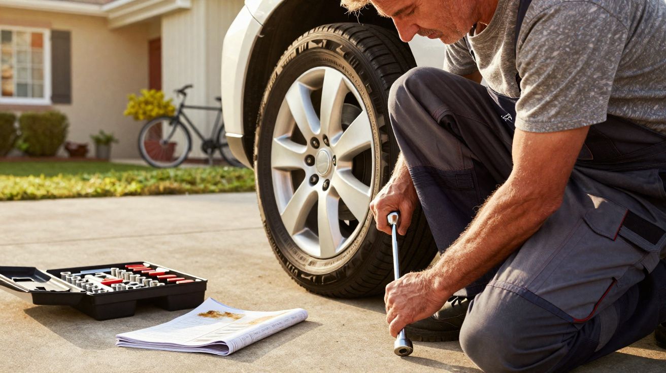 Homem ajeitando pneu de carro na garagem, com caixa de ferramentas e manual ao lado.