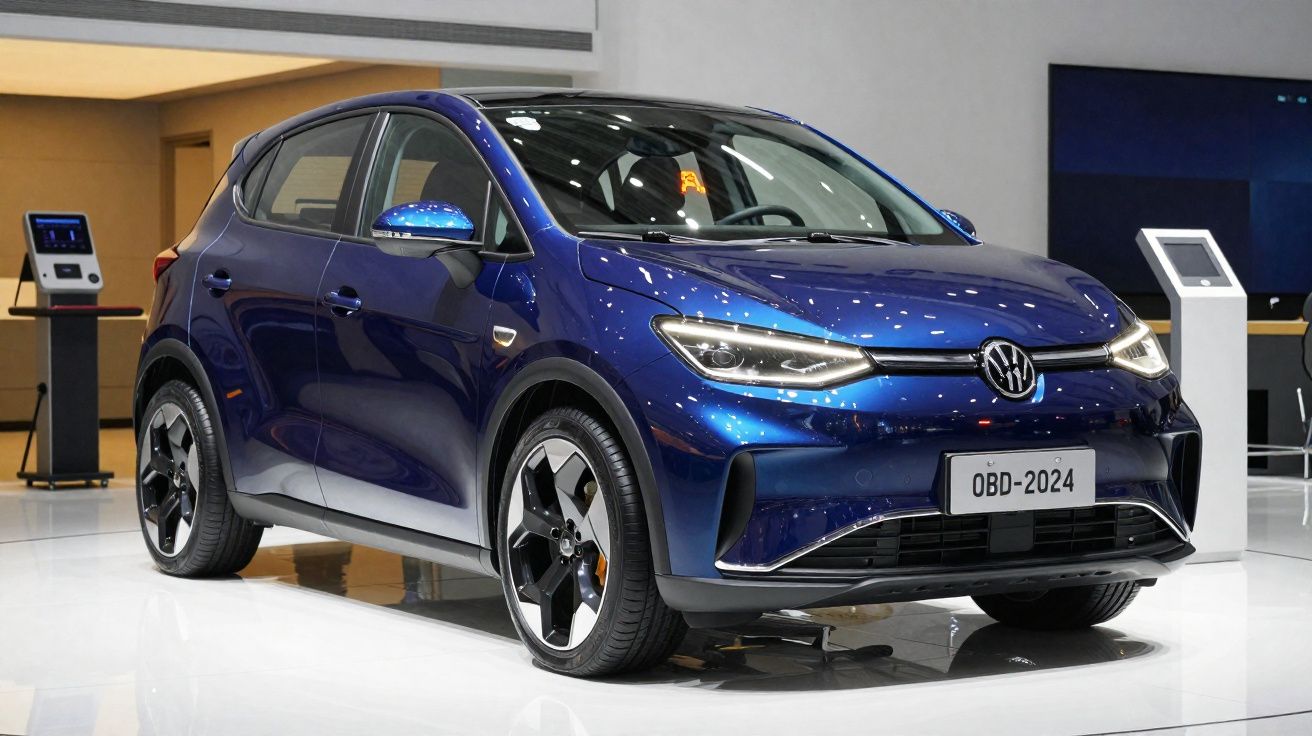 Carro elétrico Volkswagen compacto azul exibido em salão de automóveis moderno.