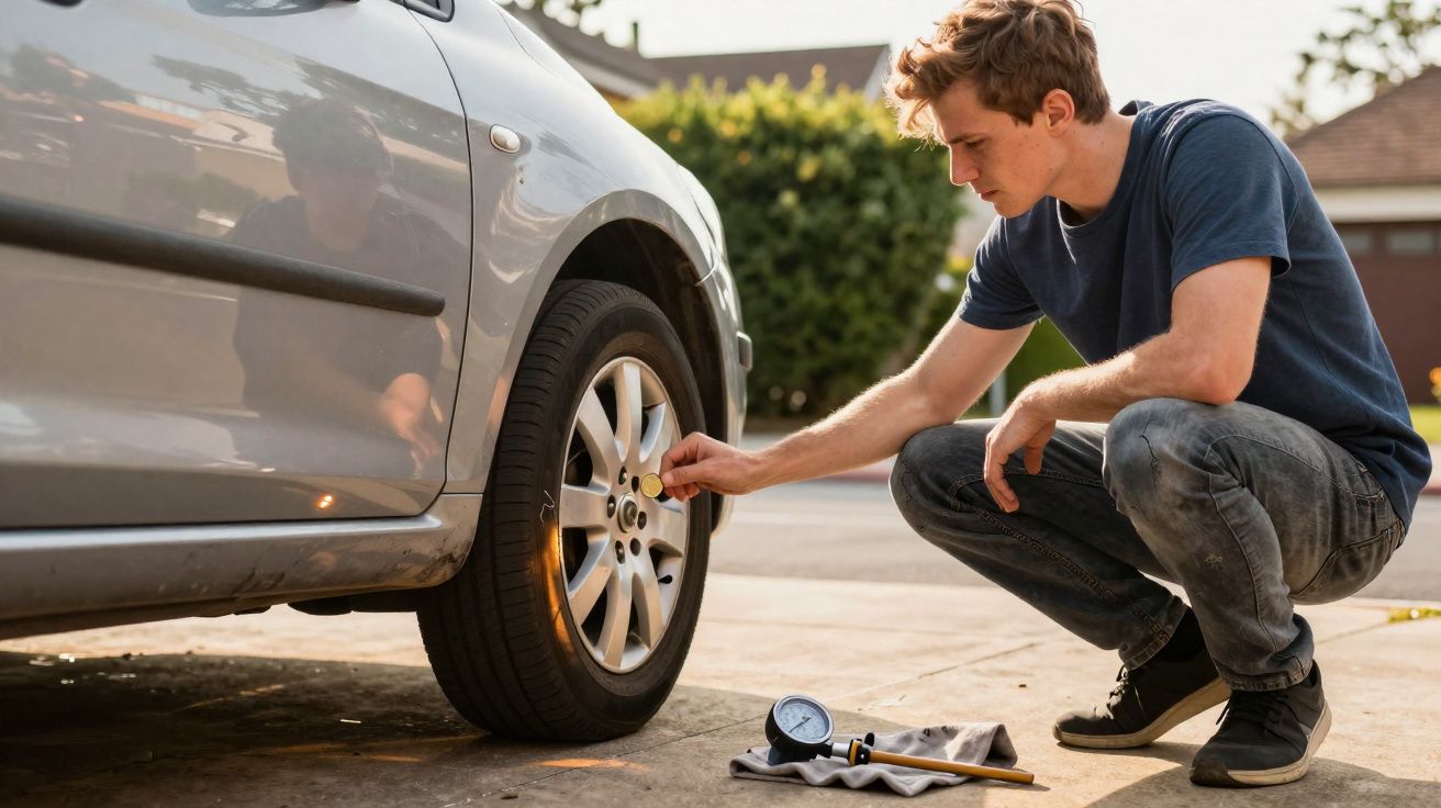 Homem medindo a pressão dos pneus de um carro prata estacionado em área externa.