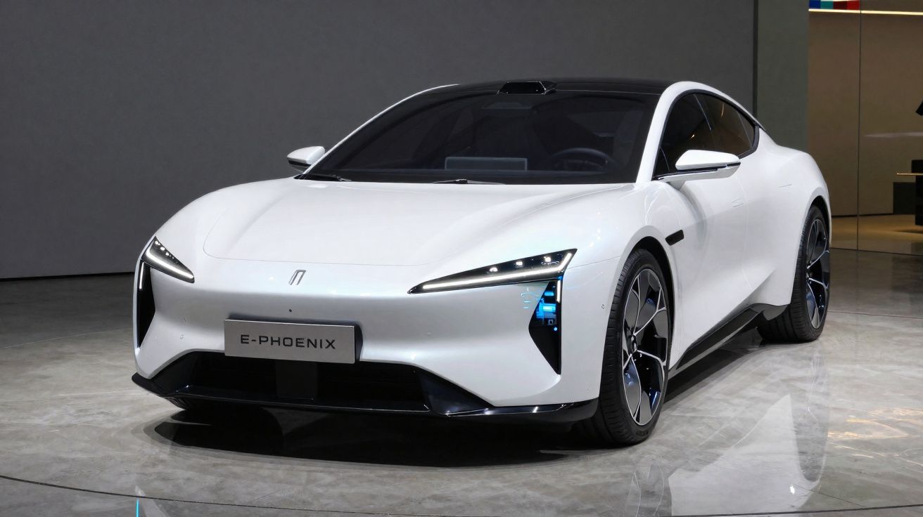 Carro elétrico branco E-Phoenix estacionado em ambiente interno com design moderno e futurista.