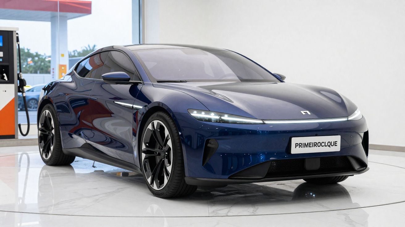 Carro elétrico azul escuro com design moderno em showroom branco, próximo a bomba de recarga.