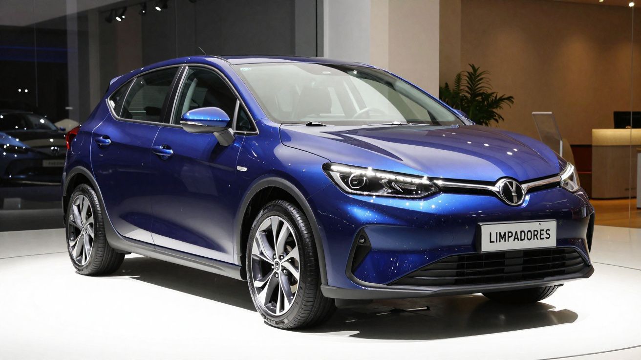 Carro hatchback azul metálico exposto em ambiente interno com placa frontal escrita Limpadores.