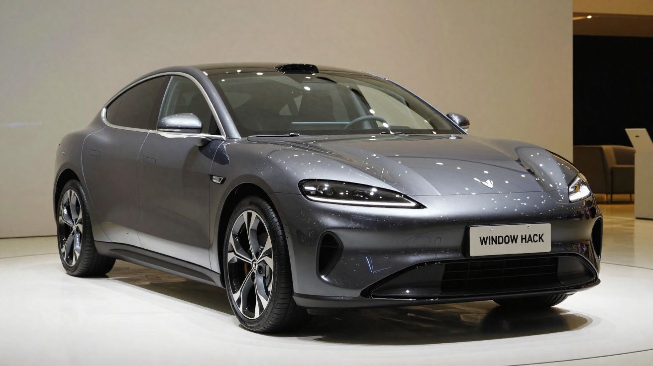 Carro elétrico esportivo cinza com design moderno exposto em ambiente interno.