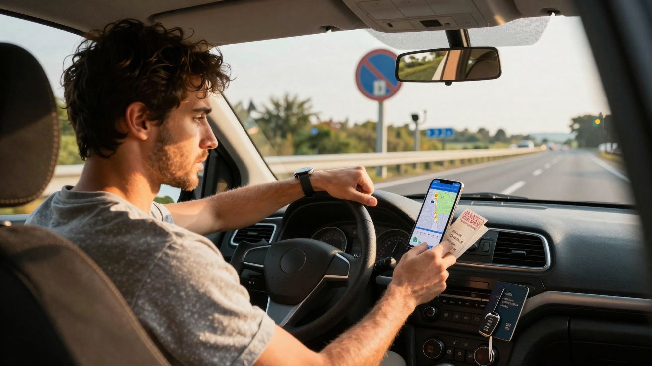 Homem dirigindo e conferindo celular com mapa e papel enquanto está parado na estrada em dia ensolarado.