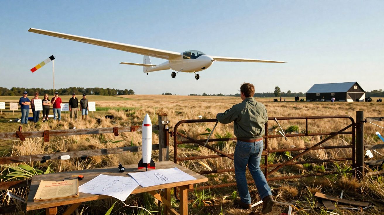 Pessoa observa planador branco voando baixo sobre campo seco com mesa, maquete de foguete e plantas em primeiro plano.