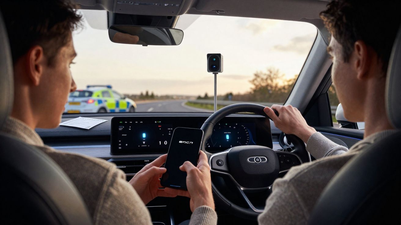 Dois homens dentro de um carro, um dirige enquanto o outro segura um celular, com um carro da polícia ao fundo.