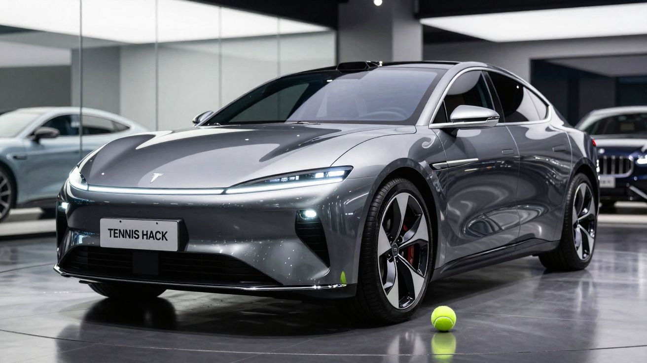 Carro elétrico cinza moderno estacionado em showroom com bola de tênis amarela no chão.