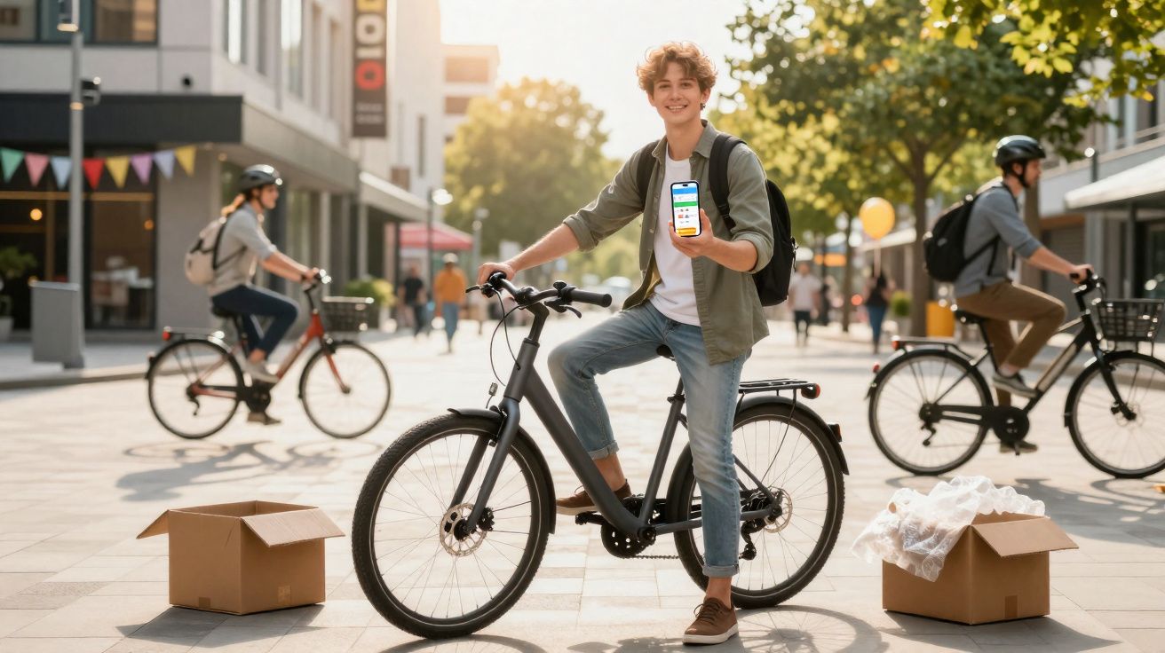 Jovem sorridente na bicicleta mostrando um celular em praça urbana com outras pessoas andando de bike.