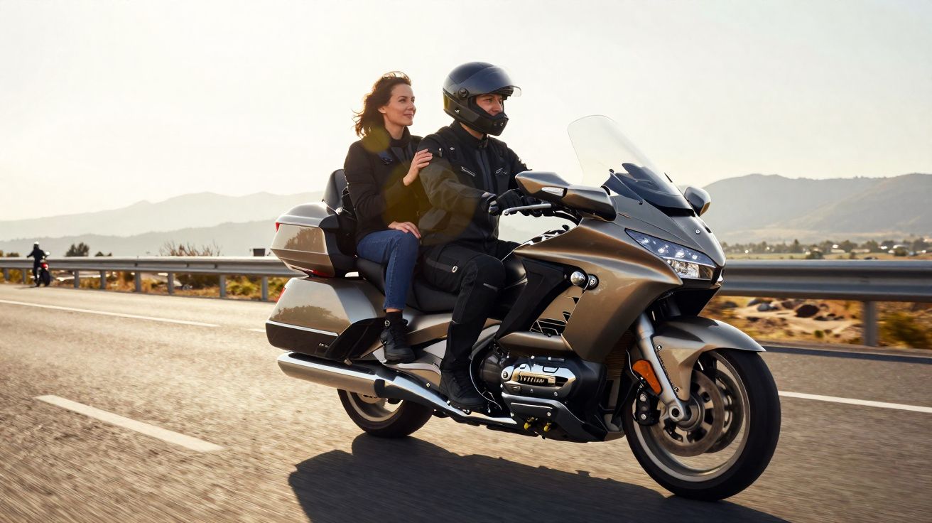 Homem com capacete e mulher sem capacete andando de moto equipada em estrada com montanhas ao fundo.