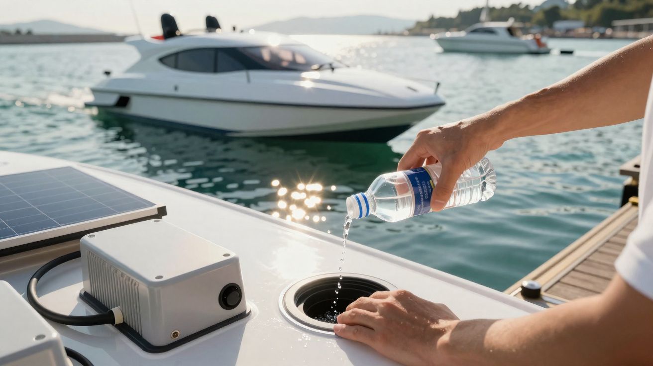 Pessoa despejando água em reservatório de barco próximo a iate branco no mar.